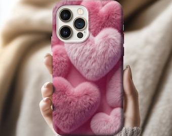 Pastellhjärtformat mobilskal, 3D-plyschliknande skal, iPhone 17 16 15 14 13 Samsung Galaxy S25 S24 S23 Pixel 8 9, Sött kärleksmobilskal