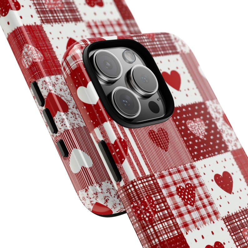 Red Patchwork Heart Phone Case, Vintage Farmhouse Aesthetic, Quilted Pattern, Cute Rustic Country Heart iPhone 17 16 15 14 13 image 2