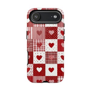 Red Patchwork Heart Phone Case, Vintage Farmhouse Aesthetic, Quilted Pattern, Cute Rustic Country Heart iPhone 17 16 15 14 13 image 15