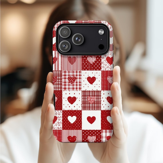 Red Patchwork Heart Phone Case, Vintage Farmhouse Valentine Aesthetic, Quilted Pattern, Cute Rustic Country Heart iphone 17 16 15 14 13