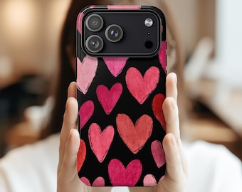 Funda para teléfono con diseño de corazón en rosa y rojo, resistente, con bonito estampado de corazones, femenina, antigolpes para iPhone 17, 16, 15 y 14, Samsung S25, S24 y S23.