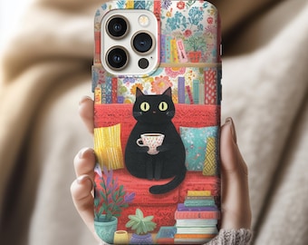 Svart katt kaffe bokhylletelefonskal kattkonst | Blommig boklig för iPhone 17 16 15 14 Samsung S23 S24 S25