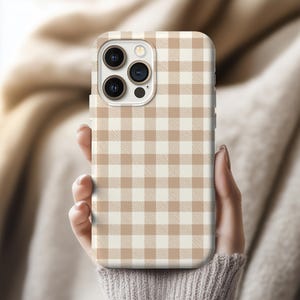 Beige Gingham Plaid Phone Case, Preppy Case for Minimalist iphone 17 16 15 14 13 Samsung S25 S24 S23 Pixel 8 9