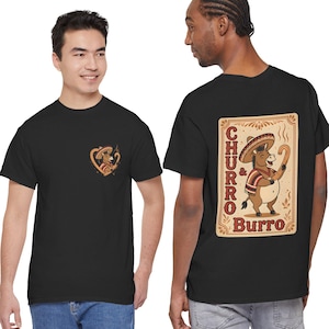 May include: Black t-shirts with a graphic of a donkey wearing a sombrero and holding a churro. The front of the shirt has a smaller heart-shaped version of the graphic. The back of the shirt has the words "Churro & Burro".