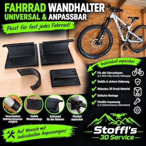 Può includere: Un set di supporti a parete universali per biciclette di colore nero, composto da diverse staffe curve e piastre di montaggio piatte. L'immagine include testo in tedesco, una grafica di una mountain bike a parete e icone illustrative.