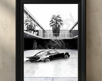 Porsche Pool Print, Black and White Car Photography, Modern Architecture (Digital Download)