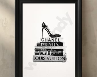 Luxury Fashion Book Stack Wall Art | Designer High Heel Print | Chanel Prada Louis Vuitton Art  Neutral Modern Home Decor | Digital Download