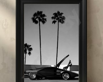 Black White Lamborghini Countach Print | Luxury Car, Palm Tree Wall Art (Digital Download)