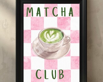 Matcha club pink gingham print digital download gifts for her matcha wall art