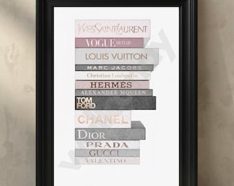 Designer Fashion Book Stack brands Print Wall Art home decor illustration (Digital Download)