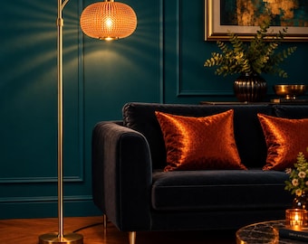 Mid-Century Modern Gold Floor Lamp with Green & Amber Glass Shade, midcentury standing light, dimmable customizable