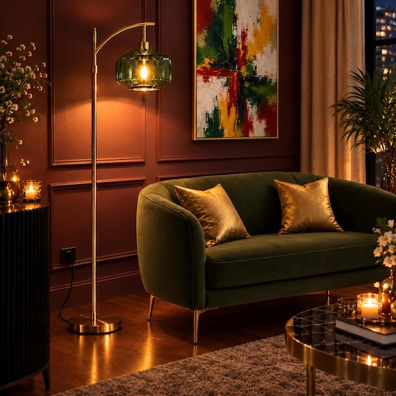 Dimmable Mid Century Modern Standing Lamp - Gold base with Green Glass Shade - customizable