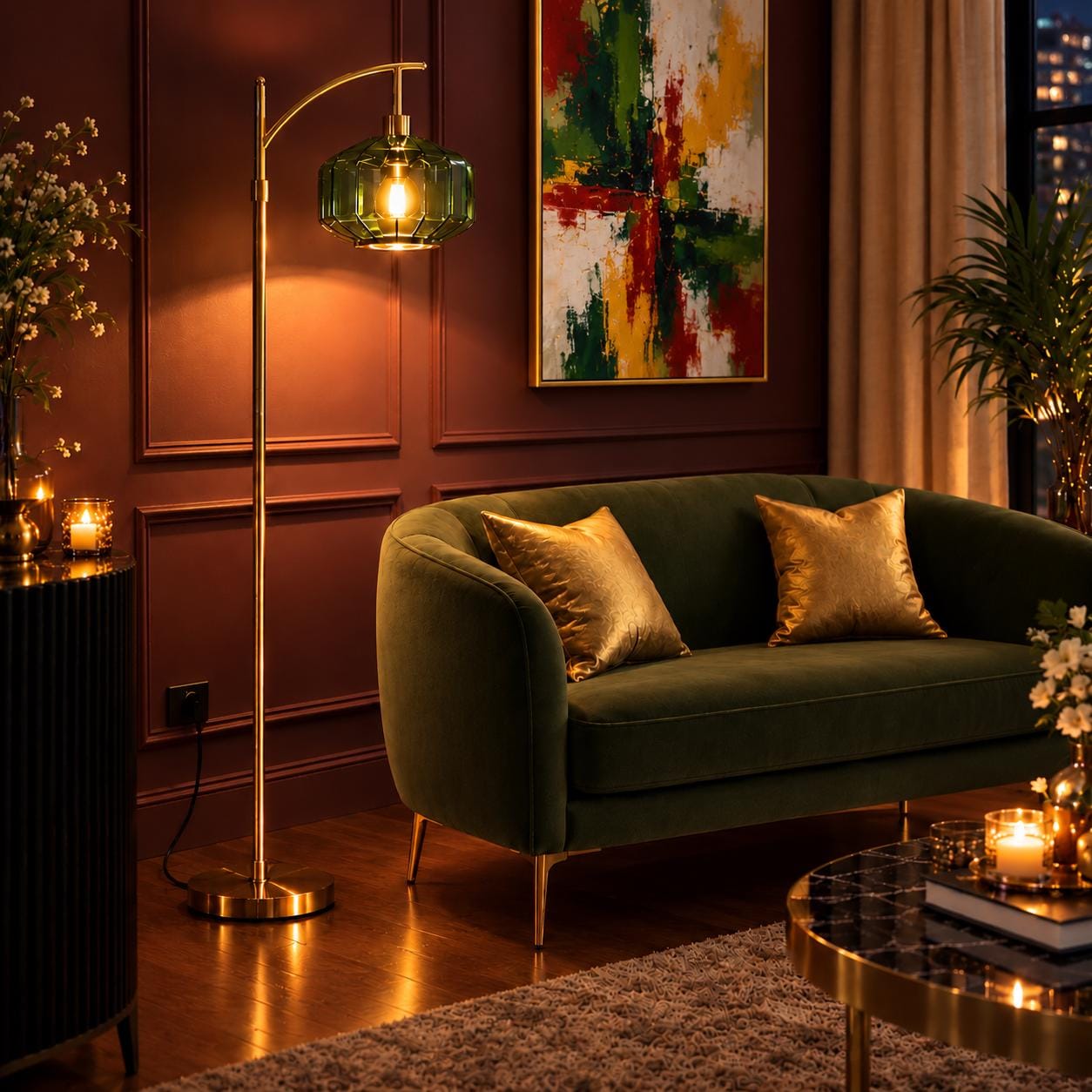 Dimmable Mid Century Modern Standing Lamp - Gold Base With Green