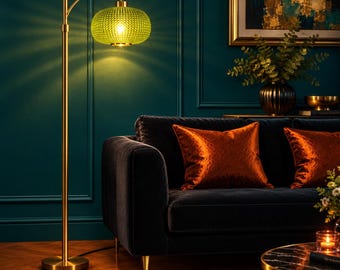 Dimmable Mid Century Modern Standing Lamp - Gold base with Green Glass Shade - customizable