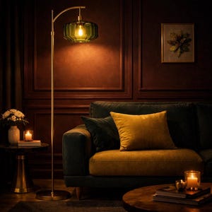 May include: A tall floor lamp with a slender gold-toned metal stand and a curved arm holding a translucent, ribbed, dark green glass shade. The lamp emits a warm, glowing light, illuminating the surrounding space with a soft, ambient radiance.