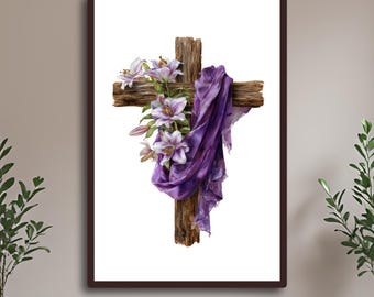 May include: A framed print featuring a rustic wooden cross adorned with purple lilies and a flowing purple cloth. The cross has a rough, weathered texture, and the flowers are detailed with white and purple hues. The artwork is set against a white background.