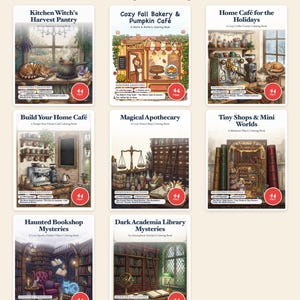 Cozy Places Coloring Bundle: 8 Books, 352 Pages of Witchy Kitchen, Dark Academia, Cafes & Bookshops PDF by Guaycura Creations image 1