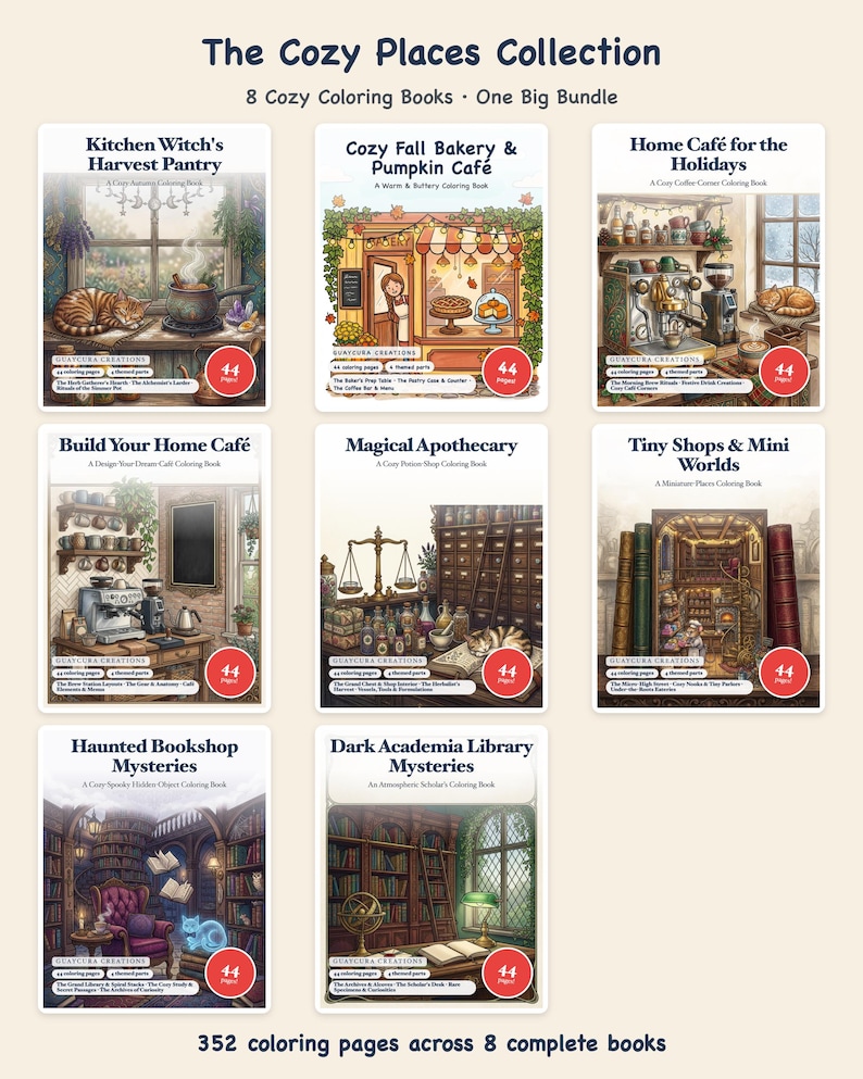 Cozy Places Coloring Bundle: 8 Books, 352 Pages of Witchy Kitchen, Dark Academia, Cafes & Bookshops PDF by Guaycura Creations image 1