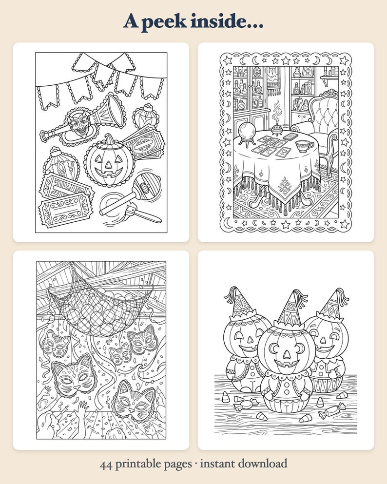 Libro para colorear de carnaval de Halloween vintage: PDF imprimible retro nostálgico de otoño para adolescentes y adultos, 44 páginas, descarga instantánea. imagen 2