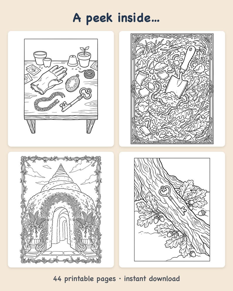 Kleurboek 'Geheime Tuin Detective' — Een printbaar PDF-bestand met verborgen aanwijzingen voor kinderen van 8-12 jaar, 44 pagina's, direct te downloaden. afbeelding 2