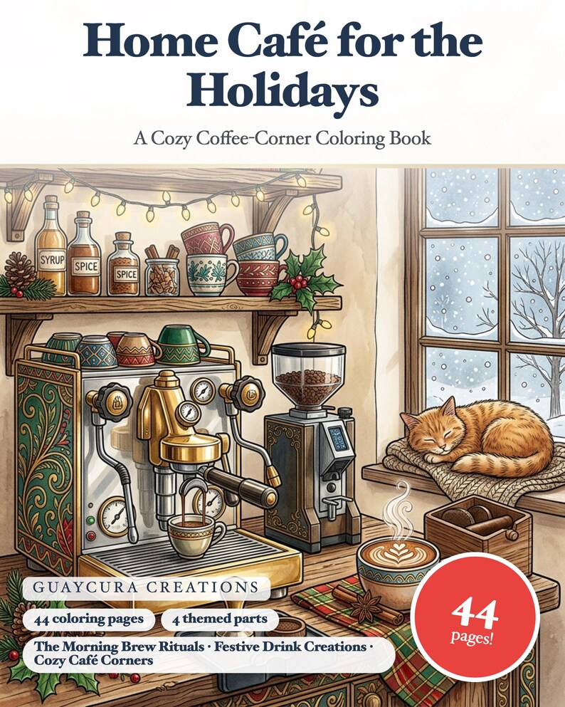 Cozy Coffee Christmas Coloring Book PDF Printable, Holiday Home Cafe Adult Coloring Pages, Hygge Aesthetic Coffee Lovers Gift image 1