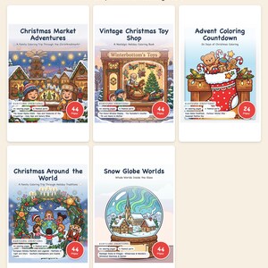 Christmas Coloring Book Bundle PDF, Printable 200 Page Holiday Mega Bundle, Advent Toy Shop Christmas Market Snow Globe | Guaycura bild 1