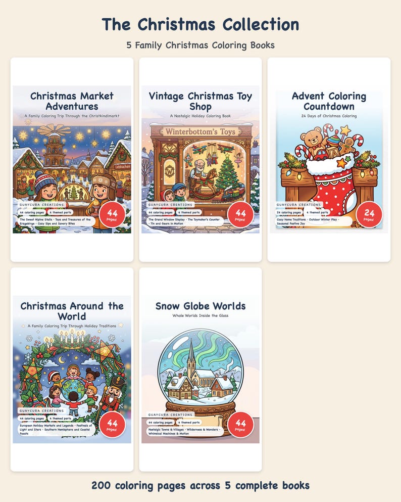 Christmas Coloring Book Bundle PDF, Printable 200 Page Holiday Mega Bundle, Advent Toy Shop Christmas Market Snow Globe | Guaycura bild 1