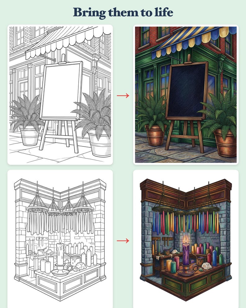 Small Shops on Main Street Coloring Book — Vintage Storefront Illustrations Printable PDF for Adults, 44 Pages, Instant Download image 3