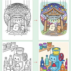 Little Ghosts' Night Market Coloring Book — Cute Spooky Printable PDF for Kids, 44 Pages, Instant Download image 3