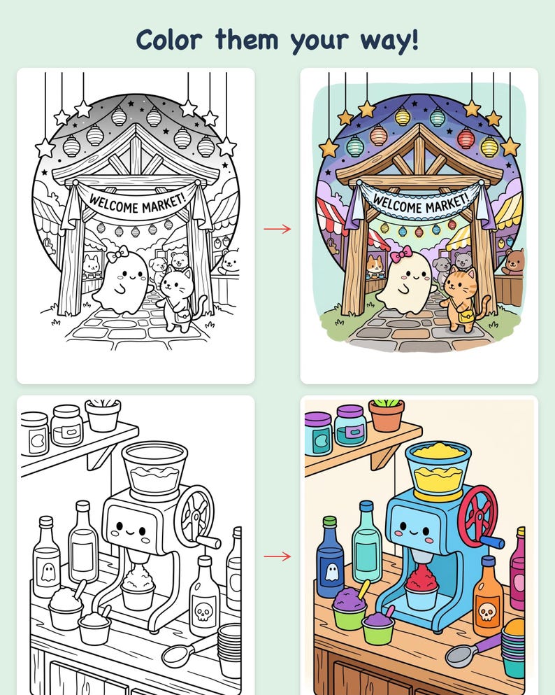 Little Ghosts' Night Market Coloring Book — Cute Spooky Printable PDF for Kids, 44 Pages, Instant Download image 3