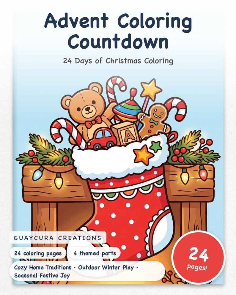 Christmas Countdown Printable | Advent Coloring Countdown Printable, 24 Days of Christmas Activity Book, Printable PDF Instant Download image 1