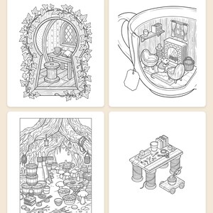 Tiny Shops and Mini Worlds Coloring Book Printable PDF Cozy Diorama Book Nook Mouse World Coloring Pages for Adults Instant Download image 2