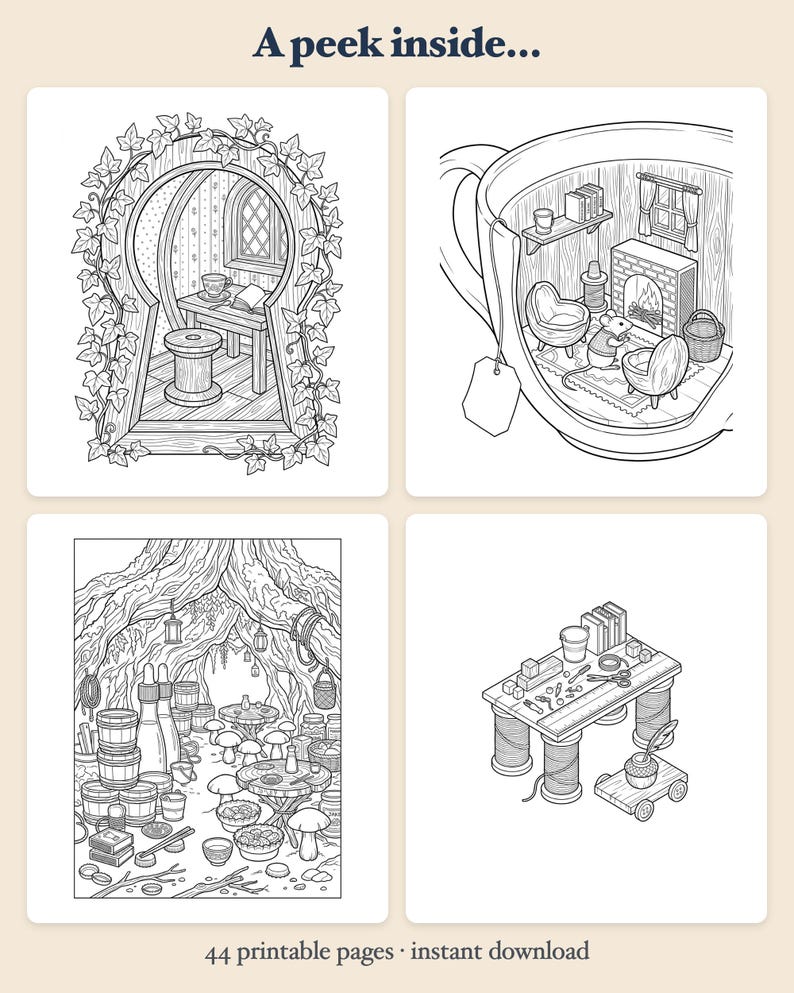 Tiny Shops and Mini Worlds Coloring Book Printable PDF Cozy Diorama Book Nook Mouse World Coloring Pages for Adults Instant Download image 2