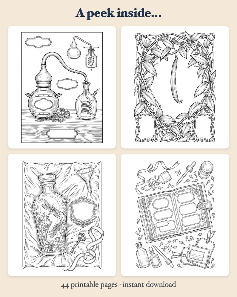 Das Parfümatelier-Malbuch – Elegante Apothekermotive, druckbare PDF-Datei für Erwachsene, 44 Seiten, Sofort-Download Bild 2