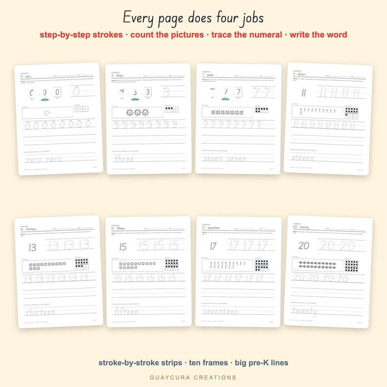 Number Tracing Worksheets 0–20 | Preschool Number Formation PDF with Counting, Ten Frames & Number Words, 26 Pages, Letter + A4 image 2