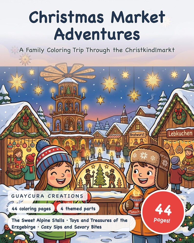 Winter Coloring Pages | Christmas Market Printable Coloring, 44 Detailed Folk Art Pages, Printable PDF Instant Download image 1