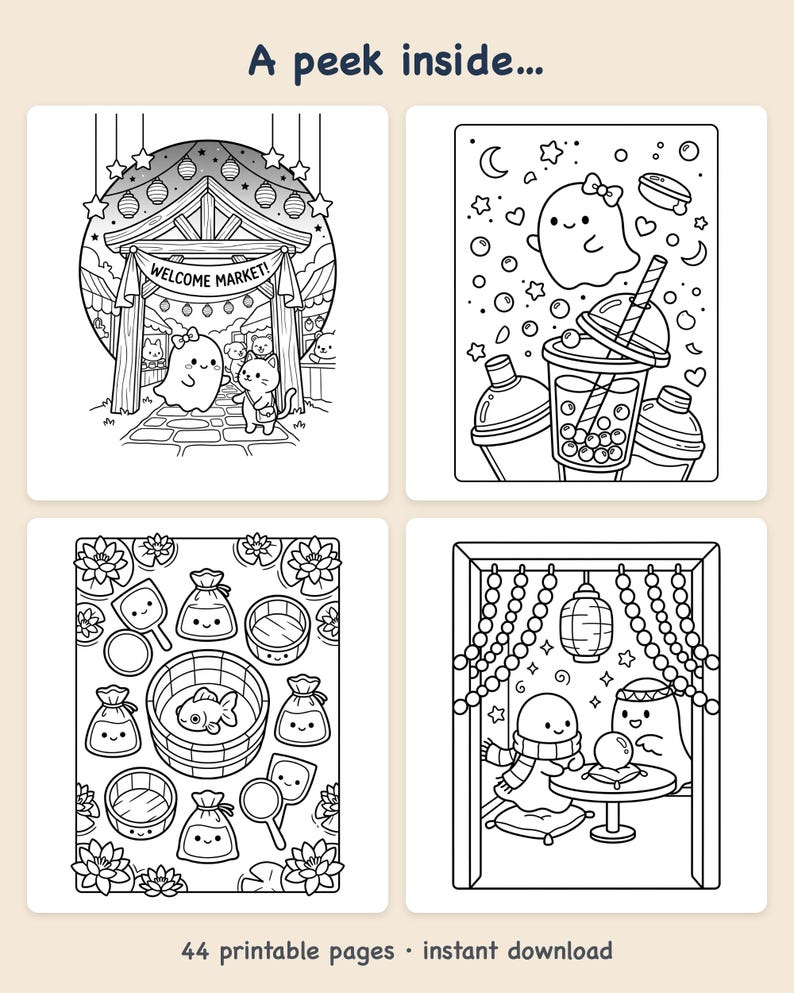 Little Ghosts' Night Market Coloring Book — Cute Spooky Printable PDF for Kids, 44 Pages, Instant Download image 2