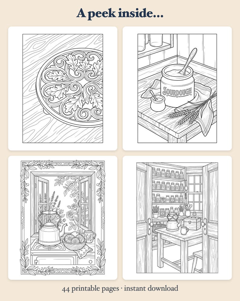 Libro da colorare "La dispensa del raccolto della strega della cucina" - Accogliente PDF stampabile autunnale per adulti, 44 pagine, download immediato immagine 2
