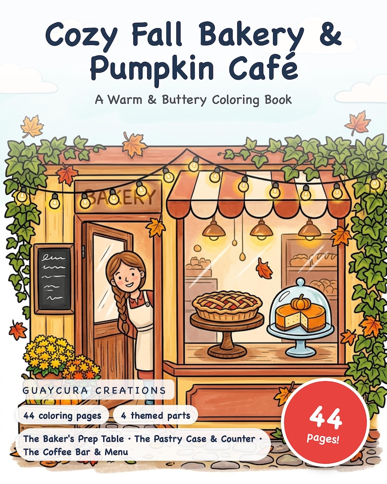 Livro de colorir aconchegante de outono com padaria e café de abóboras — PDF imprimível para todas as idades, 44 páginas, download instantâneo imagem 1