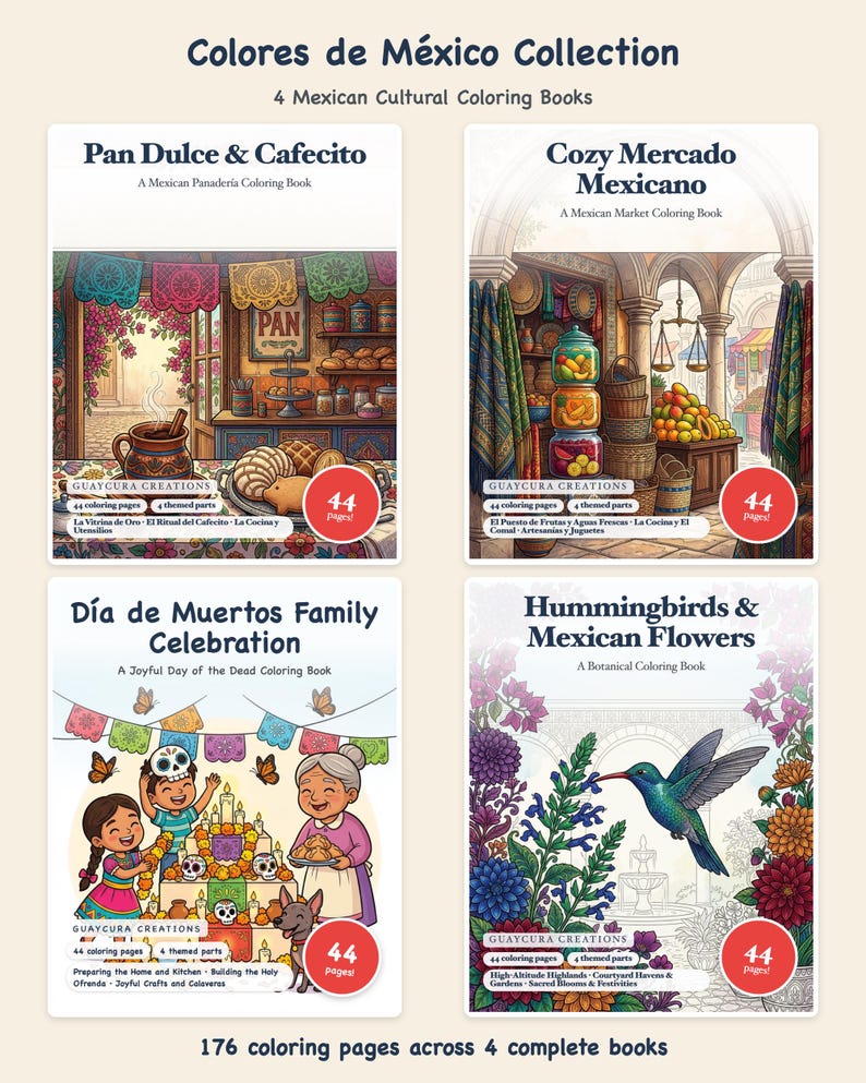 Colores de México 4-Book Coloring Bundle: 176 Pages of Pan Dulce, Cozy Mercado, Día de Muertos & Mexican Flowers by Guaycura Creations image 1