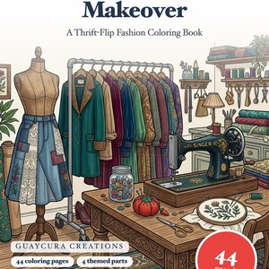 Secondhand Style Makeover Coloring Book — Thrift-Flip and DIY Fashion Printable PDF for Teens & Adults, 44 Pages, Instant Download image 1