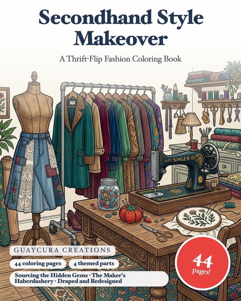 Secondhand Style Makeover Coloring Book — Thrift-Flip and DIY Fashion Printable PDF for Teens & Adults, 44 Pages, Instant Download image 1