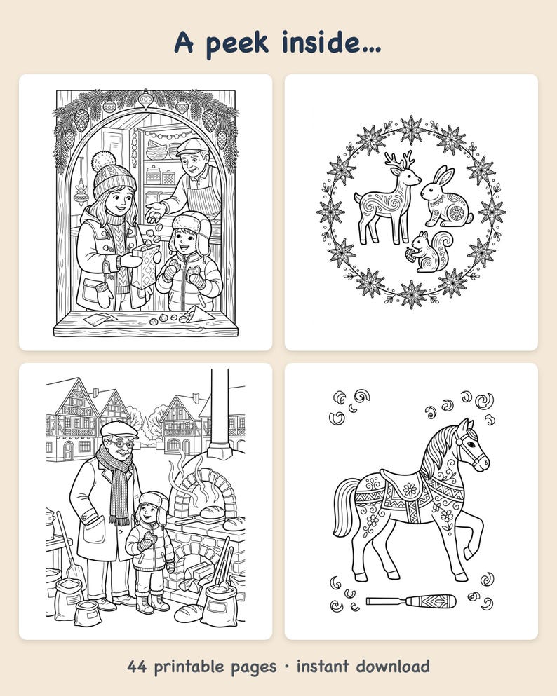 Winter Coloring Pages | Christmas Market Printable Coloring, 44 Detailed Folk Art Pages, Printable PDF Instant Download image 2