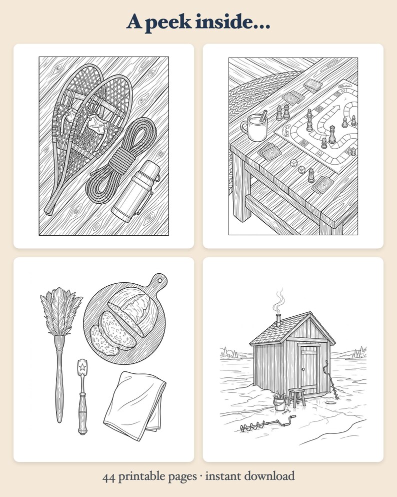 Cozy Winter Cabins Coloring Book — Snowed-In Rustic Cabins Printable PDF for Adults & Seniors, 44 Pages, Instant Download image 2