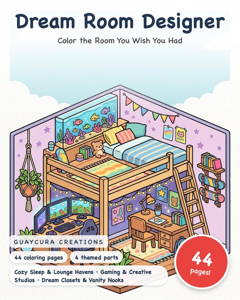 Dream Room Designer Printable Coloring Book, Tween Girls Bedroom Design Activity PDF, Kawaii Aesthetic Room Planner Kids Gift 8-12 image 1