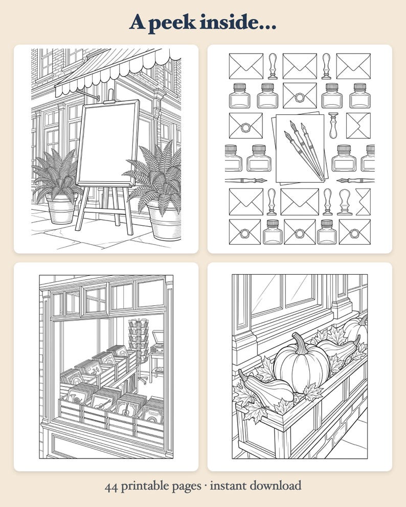 Small Shops on Main Street Coloring Book — Vintage Storefront Illustrations Printable PDF for Adults, 44 Pages, Instant Download image 2