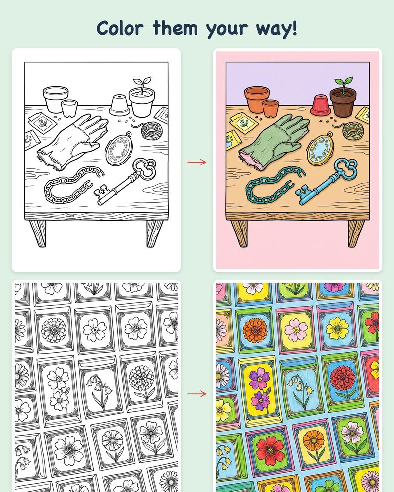Kleurboek 'Geheime Tuin Detective' — Een printbaar PDF-bestand met verborgen aanwijzingen voor kinderen van 8-12 jaar, 44 pagina's, direct te downloaden. afbeelding 3