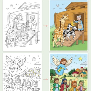 Puede incluir: Una p&aacute;gina de libro para colorear titulada Bring the stories to life! con dos conjuntos de dibujos lineales e ilustraciones a color. La parte superior muestra jirafas y cebras entrando en un arca con una persona sosteniendo una linterna.