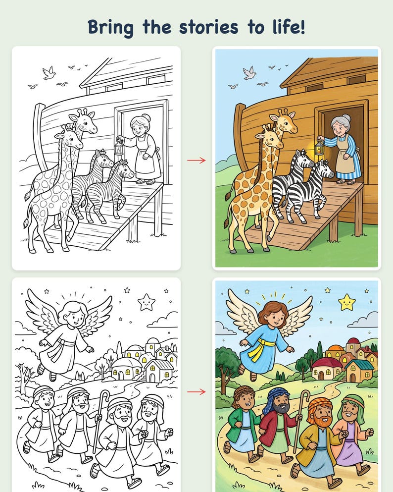 Puede incluir: Una p&aacute;gina de libro para colorear titulada Bring the stories to life! con dos conjuntos de dibujos lineales e ilustraciones a color. La parte superior muestra jirafas y cebras entrando en un arca con una persona sosteniendo una linterna.