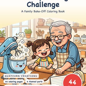 Libro da colorare "Sfida di pasticceria per le feste" - Una gara di pasticceria in famiglia, stampabile in PDF per bambini dai 6 anni in su, 44 pagine, download immediato. immagine 1